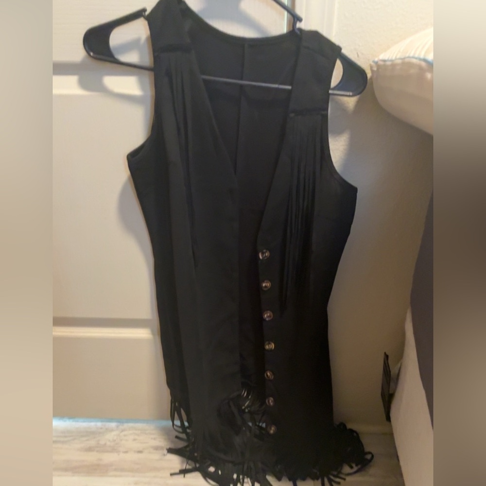 Black Fringe Button-Front Dress